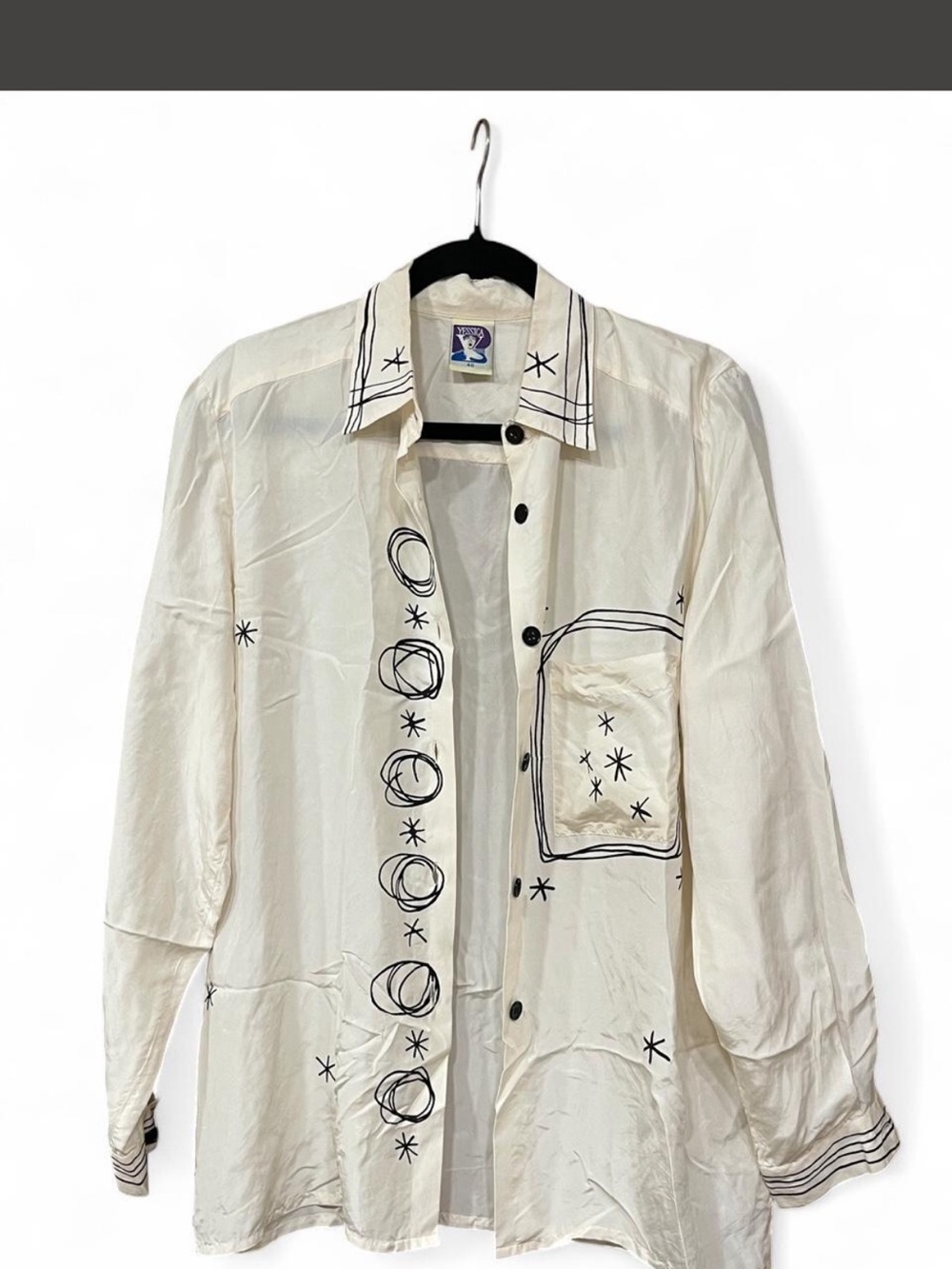 Vintage 80s/90s Silk Yessica Cream Button-Up with Black Star & Line Art